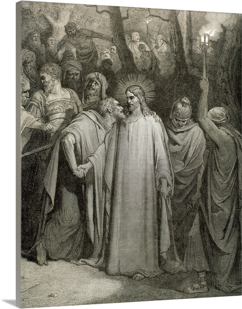 The Judas kiss (1866). Gospel of John. Drawing by Gustave Dore and engraving by Pannemaker.