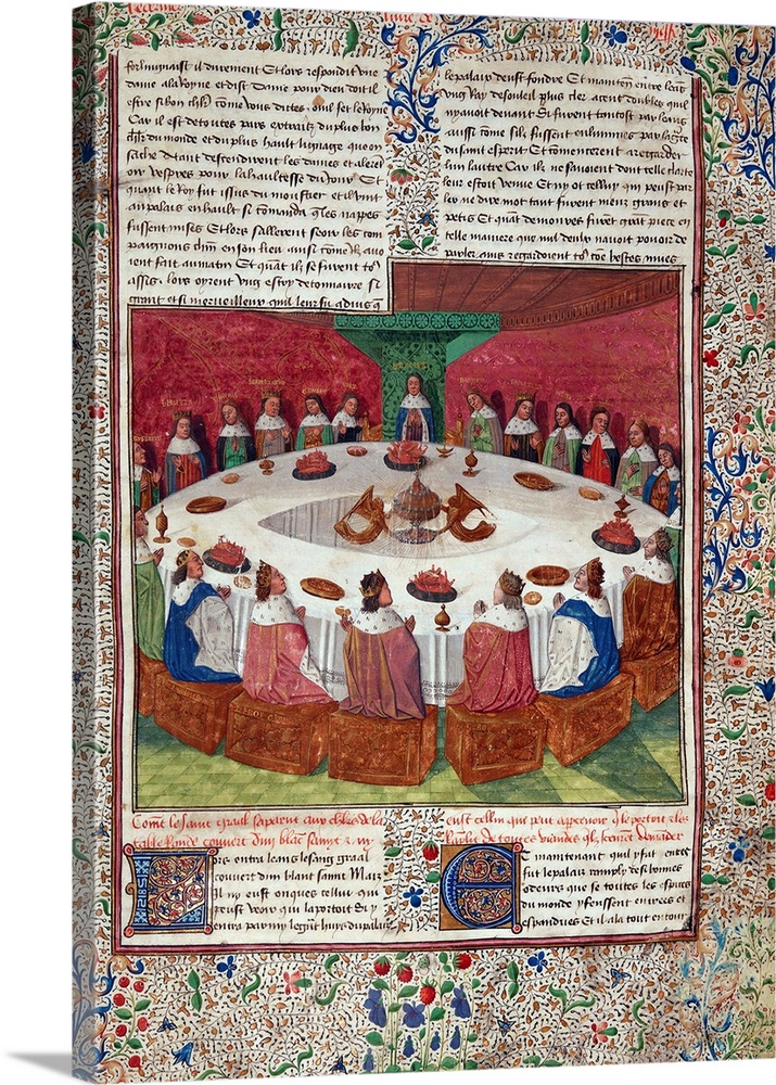 The Round Table and the Holy Grail, from the 'Livre de Messire Lancelot du Lac', 1470 (originally on vellum) Bibliotheque ...