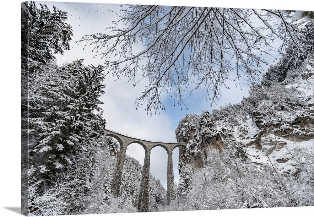 The Landwasser Viaduct with Railway, without famous train, in winter.