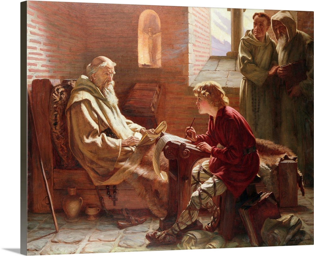 The Venerable Bede is seen here dictating as he translates the last chapter of St. John's gospel into Anglo Saxon.