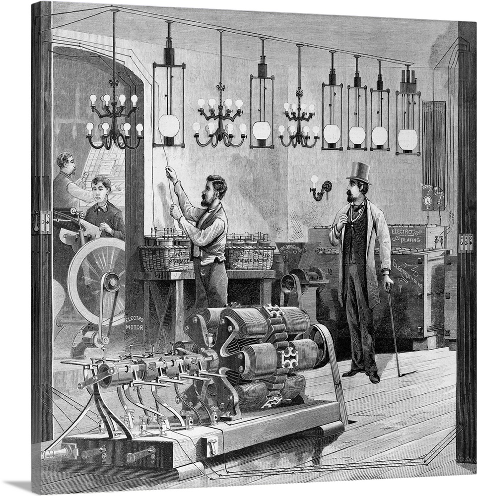 1882- The Levett-Muller electric system and multiple circut dynamo. Woodcut, 1882 Depicting batteries and lights being wir...