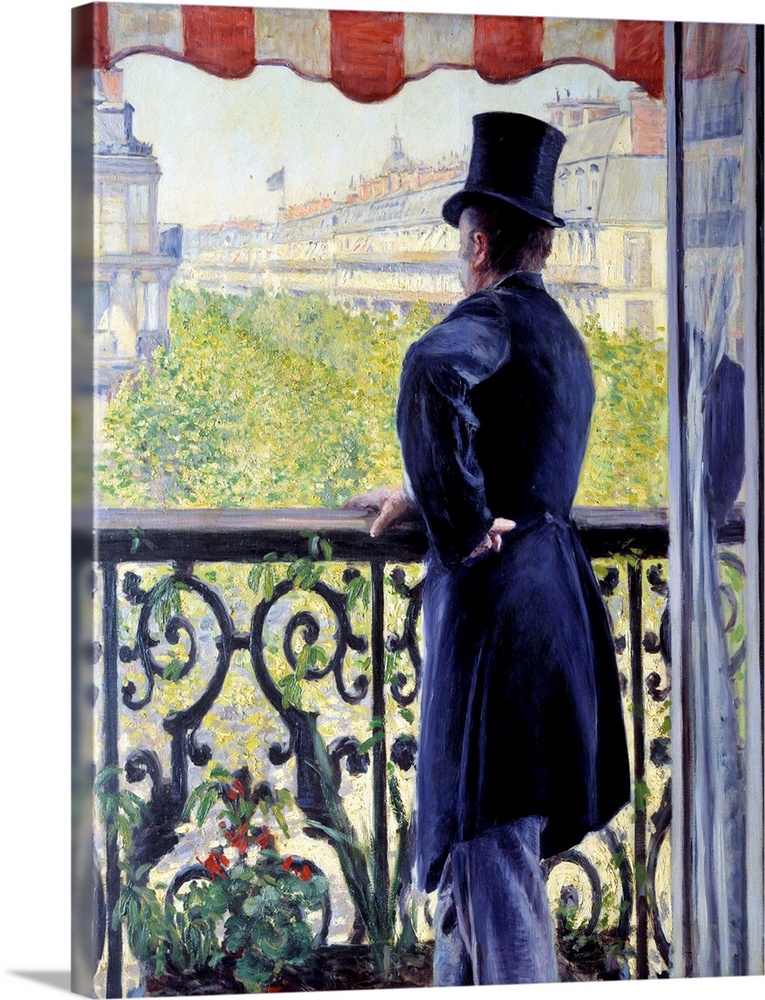 The man on the balcony. A smart man in top hat leaned on the railing of a balcony overlooking the great Parisian boulevard...