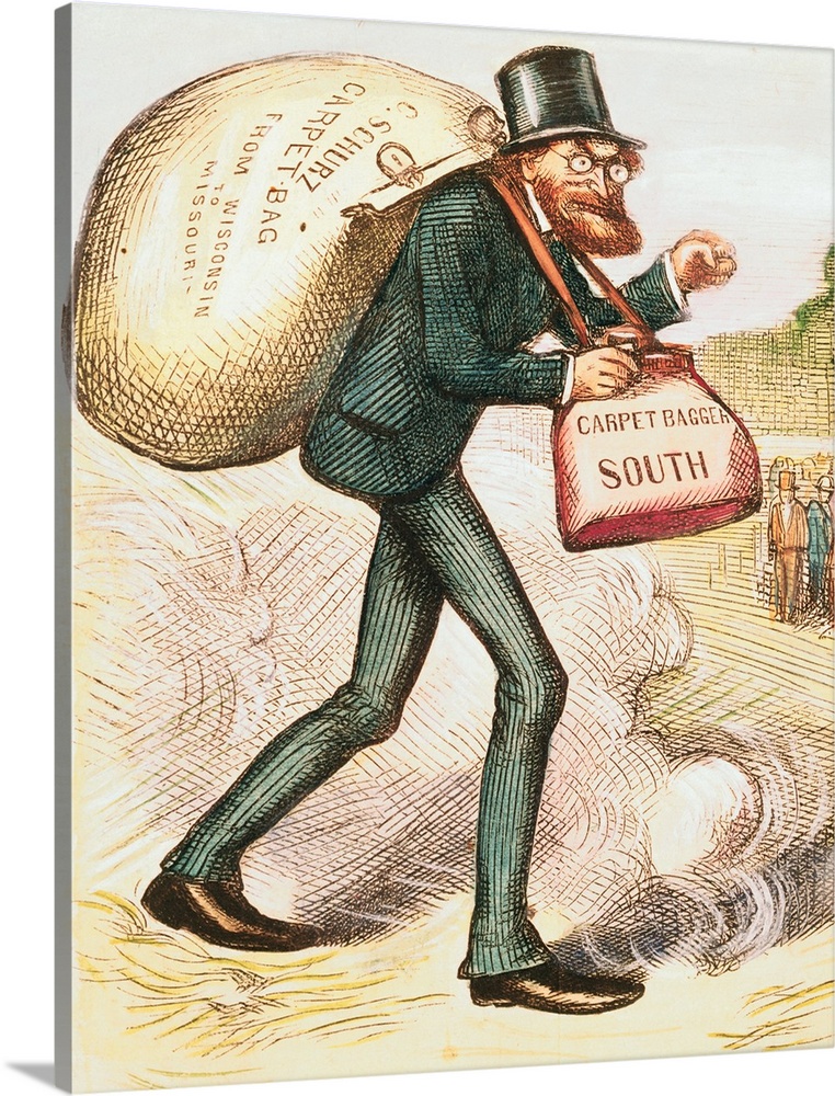 1872 Harper's Weekly political cartoon of Carl Schurz depicted as a carpetbagger, which reflected Southern attitudes towar...