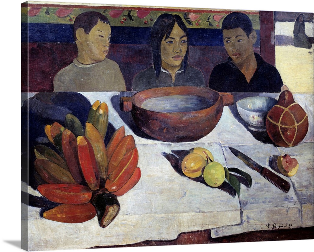The Meal also called The Bananas. Young Tahitians sitting behind the table. Painting by Paul Gauguin (1848-1903), 1891. Or...