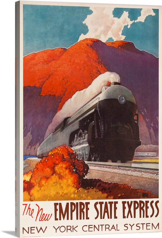 Travel poster for the New York Central System Rail showing a steaming locomotive engine pulling a long train of passenger ...
