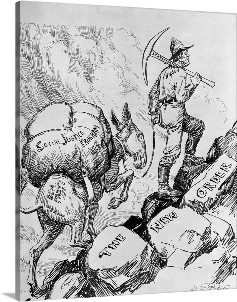 A political cartoon showing Woodrow Wilson as a prospector with a statesmanship pike leading a Democratic party donkey loa...