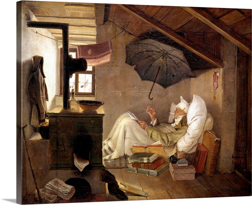 The Poor Poet. An old man bedridden in an attic. Painting by Carl Spitzweg (1808-1885), 1839. 0,36 X 0,44 m. Berlin, Altes...