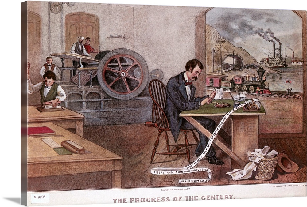 The progress of the century. Printing press, telegraph, railroad, steam engine. Lithograph by Currier and Ives, 1876.