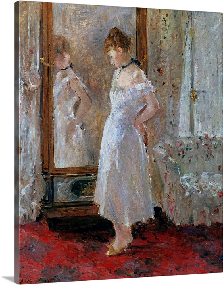 Young girl looking at herself in a glass mirror painting by Berthe Morisot (1841-1895) 1876 Dim 65x54 cms Madrid, collecti...