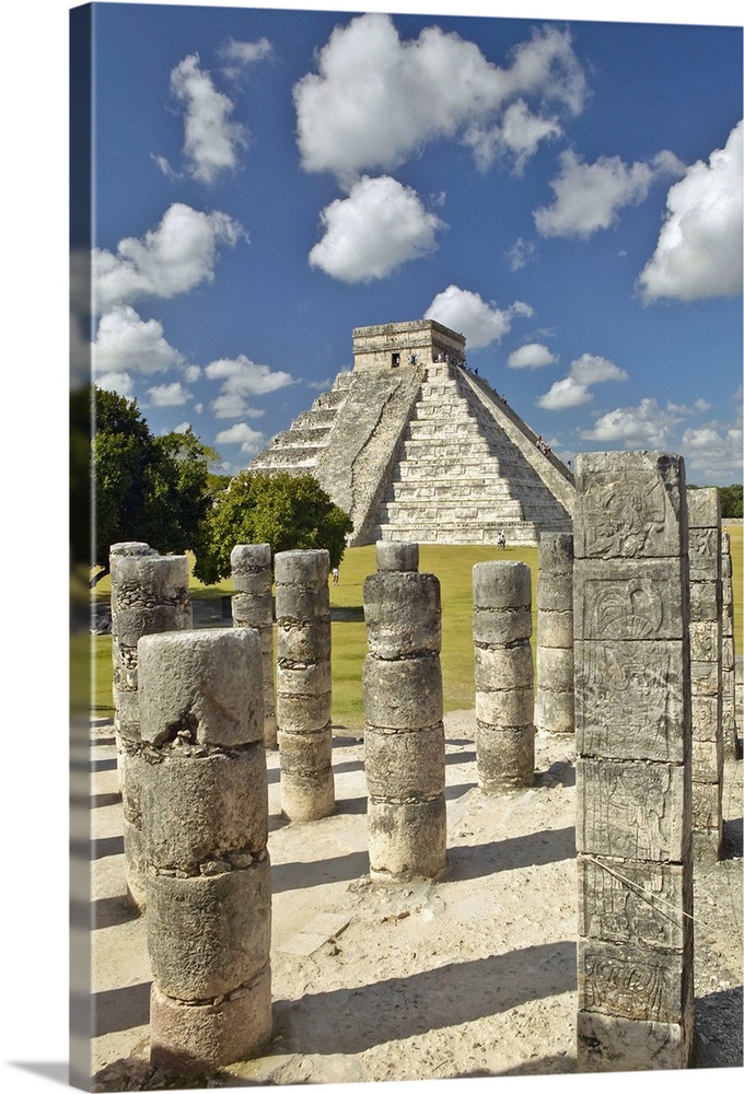 The Pyramid of Kukulkan, (also known as El Castillo), a Mayan ruin, as seen from the Thousand Columns (foreground), Chiche...
