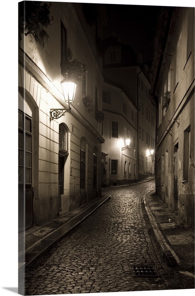 The streets of Mala Strana at night in Prague, Czech Republic, 2007.  Sepia Toned Image.