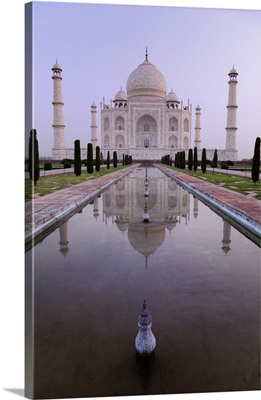 The Taj Mahal and the pool in the Charhagh garden at dawn