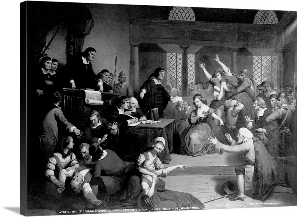A portrayal of the 1692 witchcraft trials in Salem, Massachusetts shows George Jacobs (right) attempting to plead his inno...