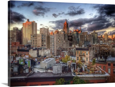 The view at sunset looking uptown from the East Village, New York City