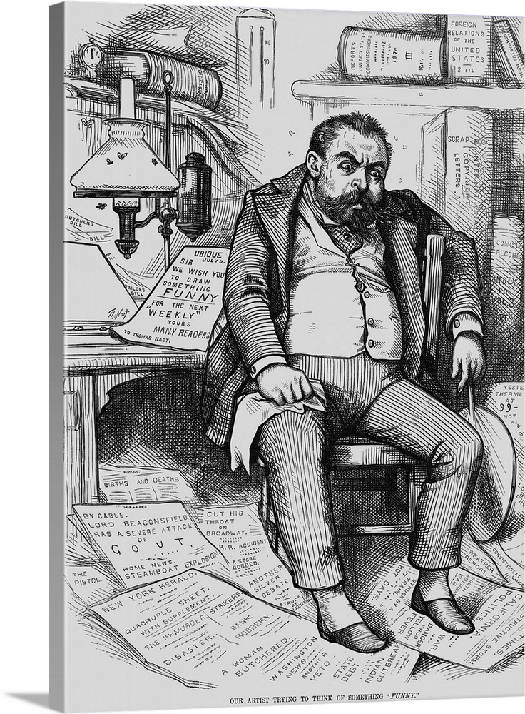 Our artist trying to think of something 'funny.' Undated engraving showing a caricature of Thomas Nast sitting at his desk...