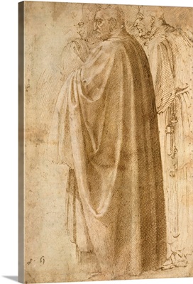 Three Standing Men In Wide Cloaks Turned To The Left (Recto) By Michelangelo