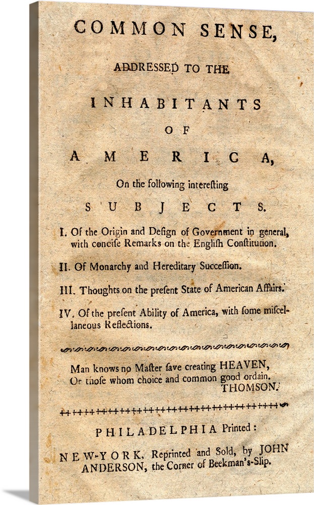 Title page from Thomas Payne's Common Sense pamphlet, referring to issues of independence and governance in America, print...