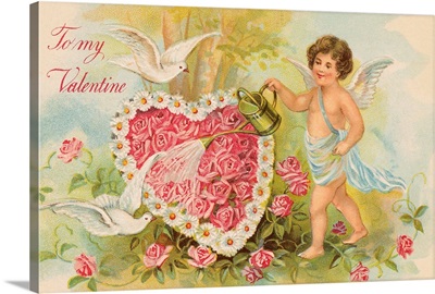 To My Valentine Postcard with Cherub Watering Flowers