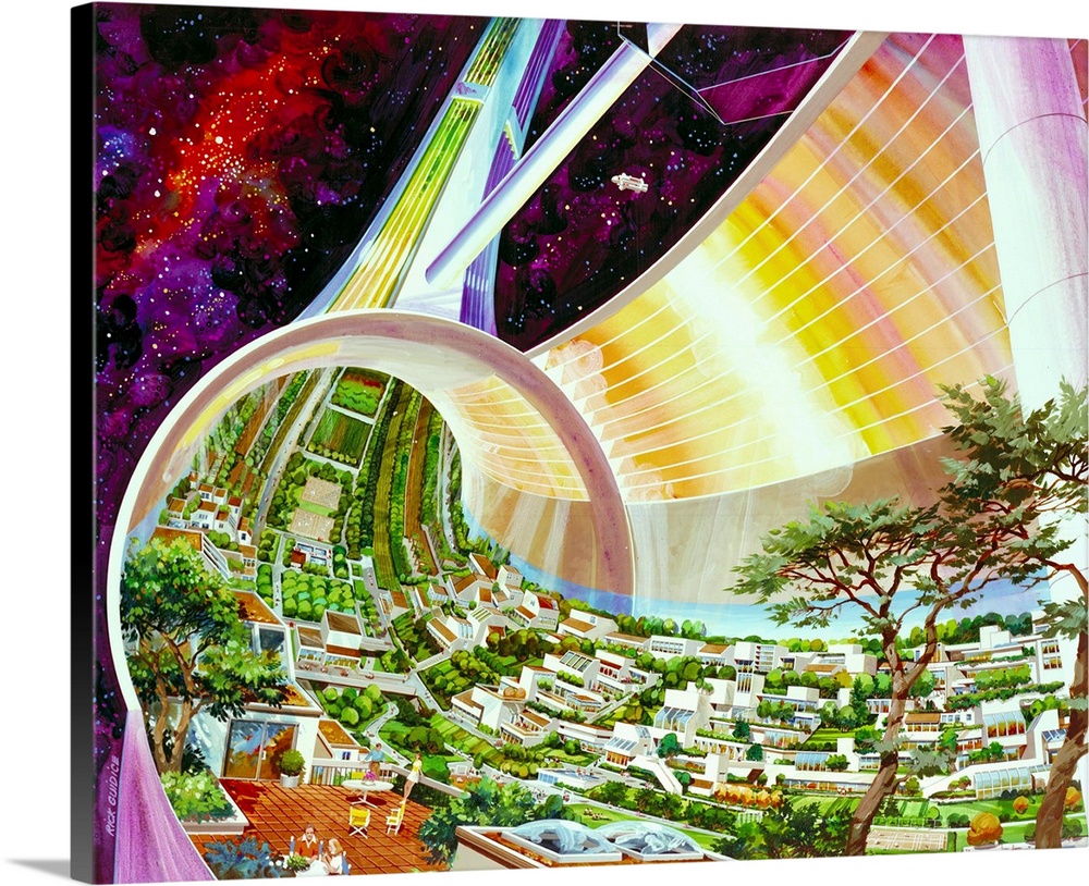 Futuristic rendering of human life off-earth by Rick Guidice, entitled Torus Wheel Settlement Interior, created 1975 for N...
