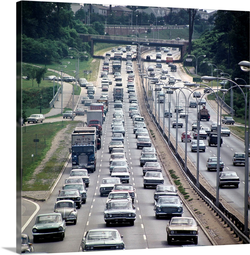 Traffic on Long Island Expressway, Queens, New York Solid-Faced Canvas Print