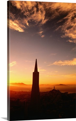 Transamerica Pyramid and Coit Tower at sunset from Mandarin-Oriental Hotel