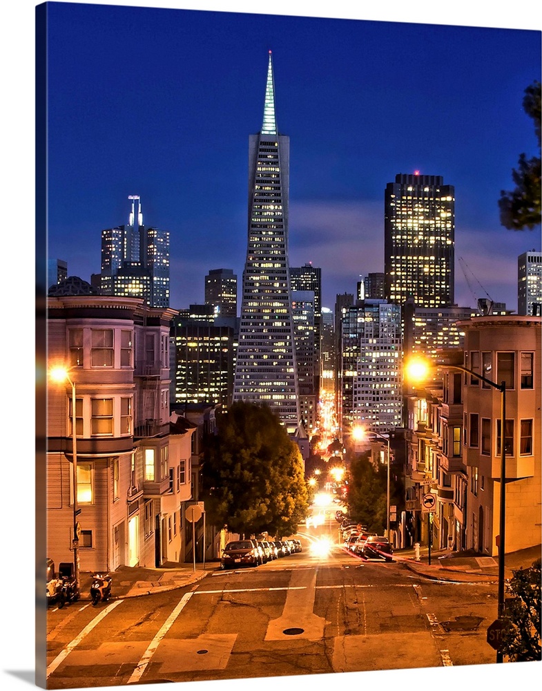 Transamerica pyramid during blue hour seen from Montgomery street.