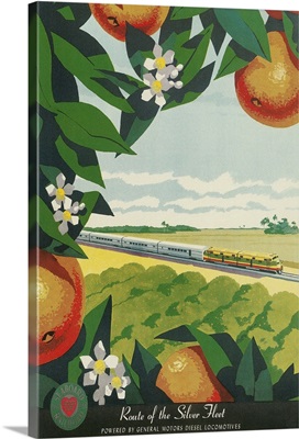 Travel Poster, Train Through Orange Orchard