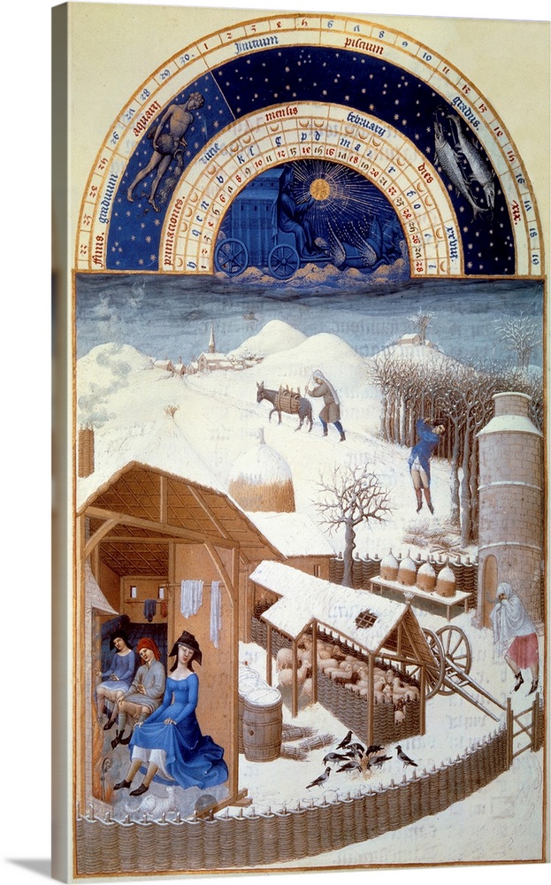 February : Snow (scene in a farm with a barn, farm work and logging). Miniature painting on vellum from Les tres riches he...
