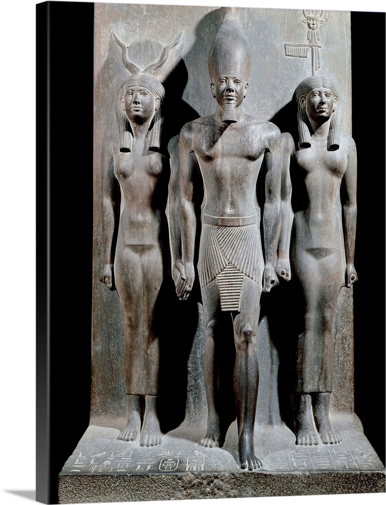 Egyptian civilization: Triad of Menkaure (Mycerinus) - king Menkaure wearing the white crown of Upper Egypt, with the godd...