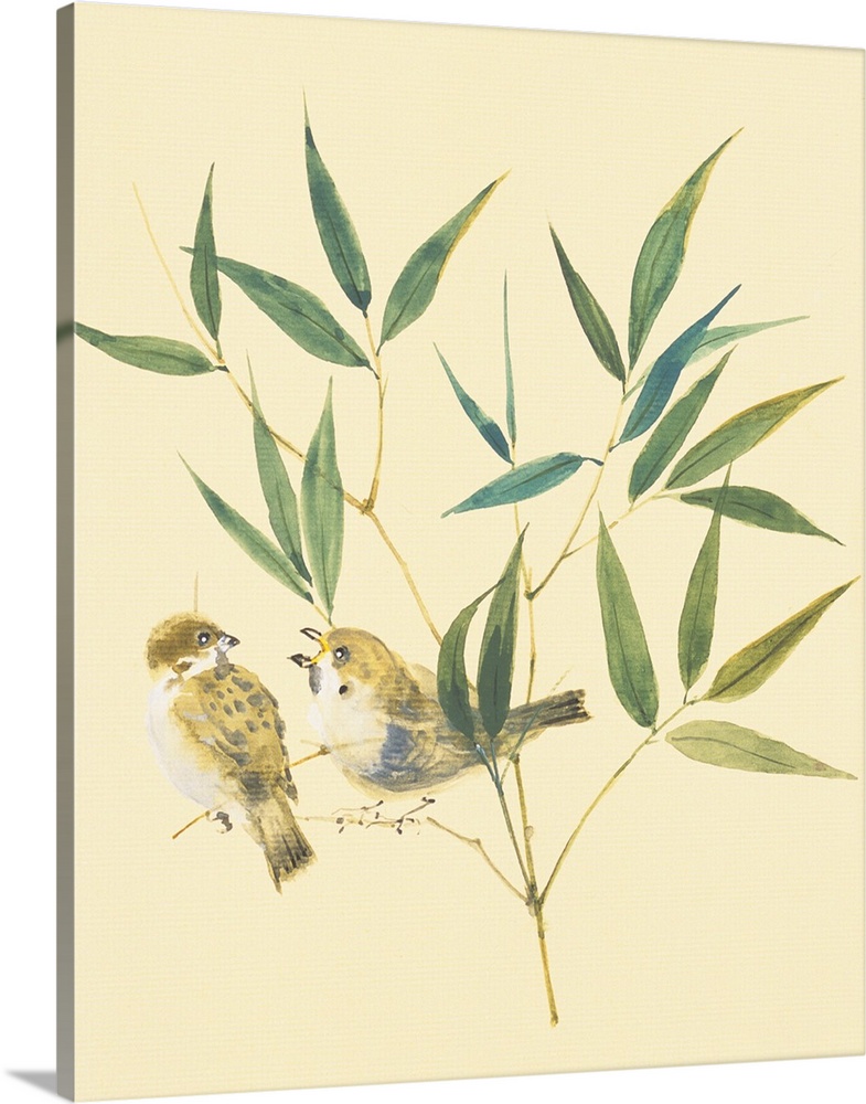 Two sparrows and bamboo leaves