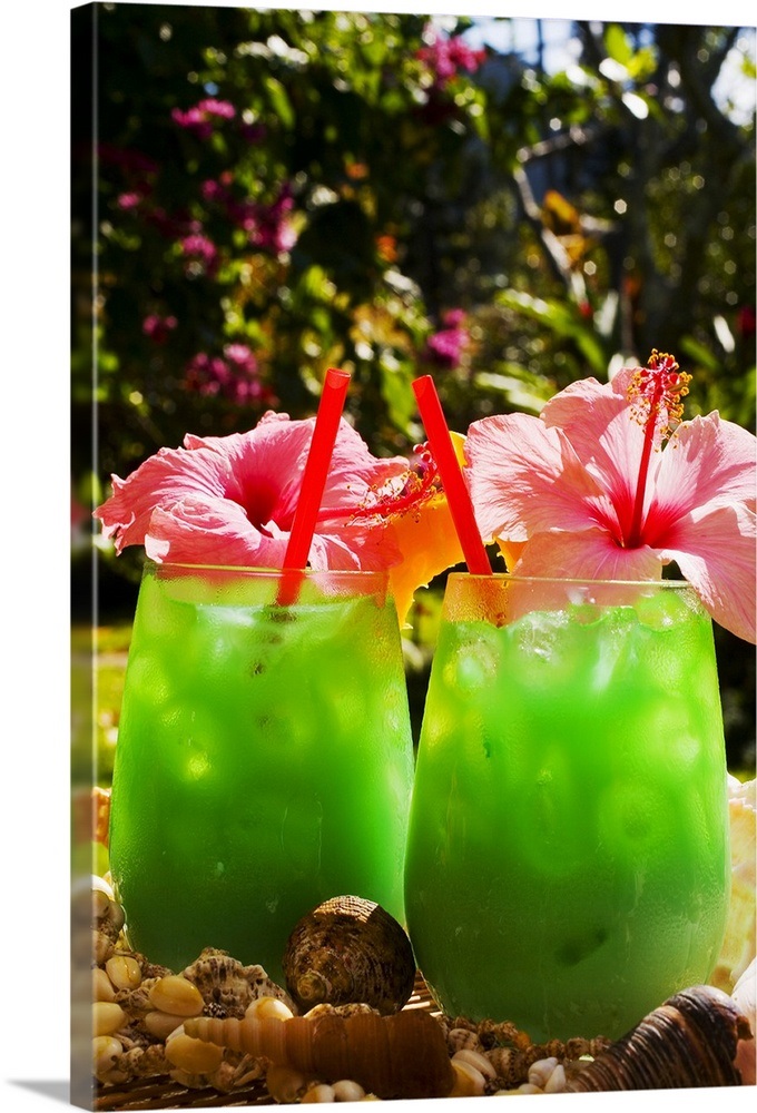 Two tropical drinks garnished with flowers in an outdoor setting. Wall Art, Canvas Prints
