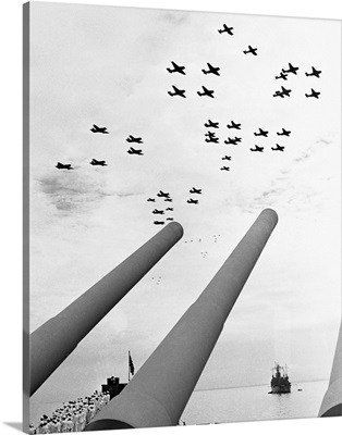 U.S. Aircraft Fly Over the Guns of the U.S.S. Missouri