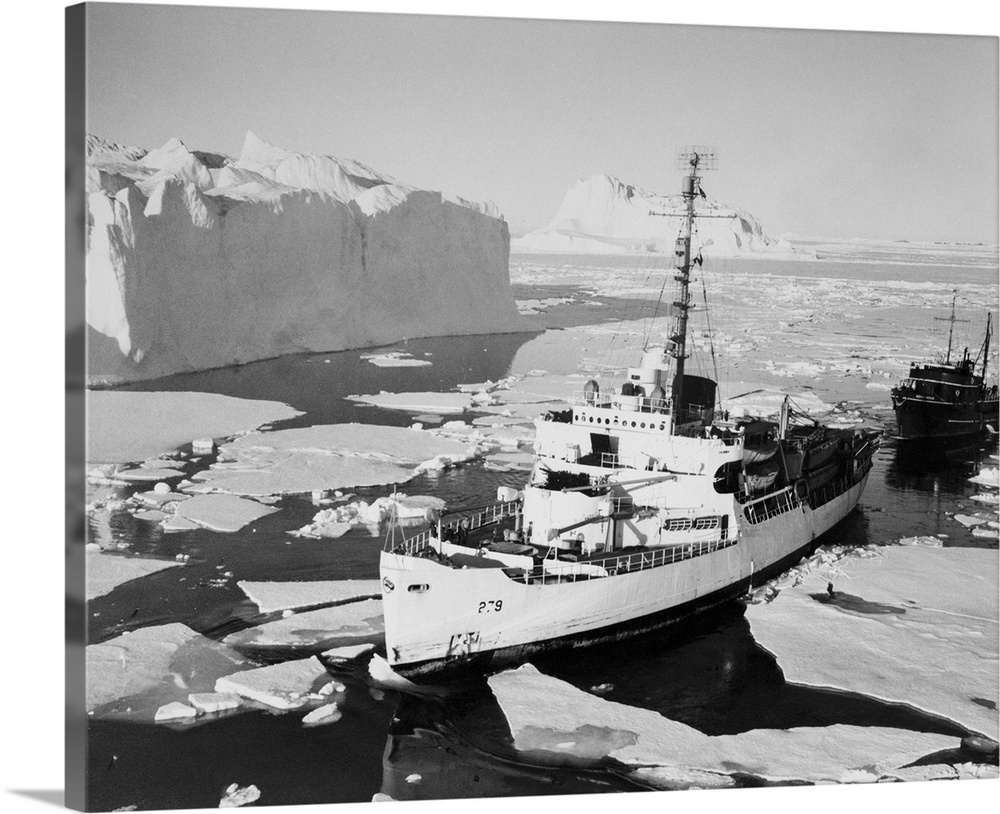 The U. S. Coast Guard is shown during an International Ice Patrol on an Arctic cruise. The cutter and ocean tug are seen f...