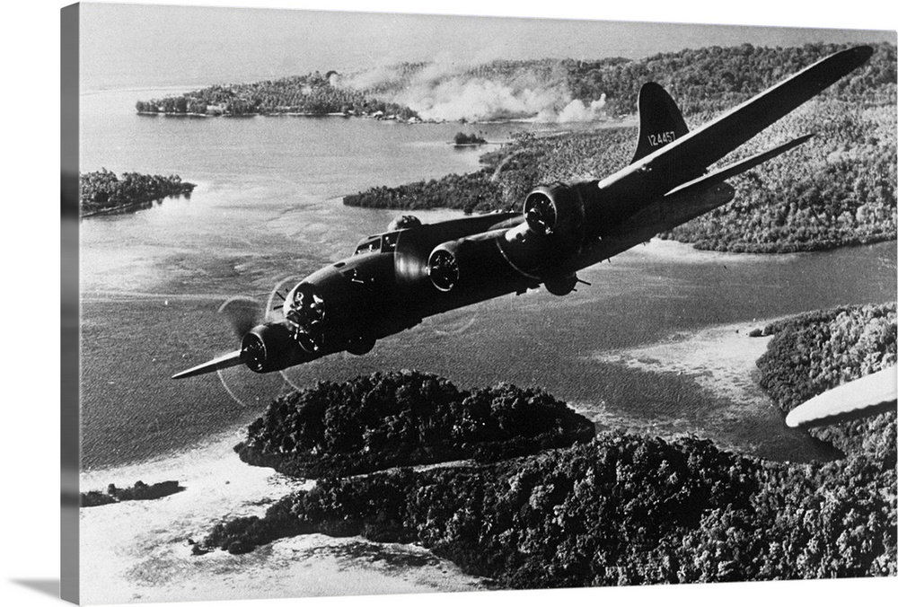 An American Flying Fortress carrying out a bombing sortie against Japanese bases on the Solomon Islands during World War II.