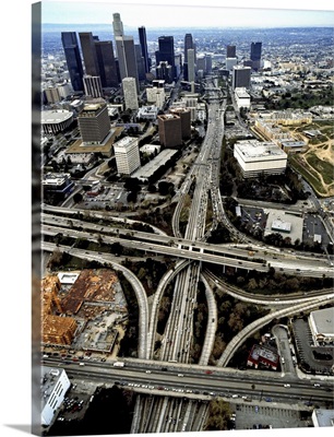 USA, California, Los Angeles, downtown and freeway interchange