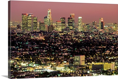 USA, California, Los Angeles, Illuminated cityscape at night, aerial view