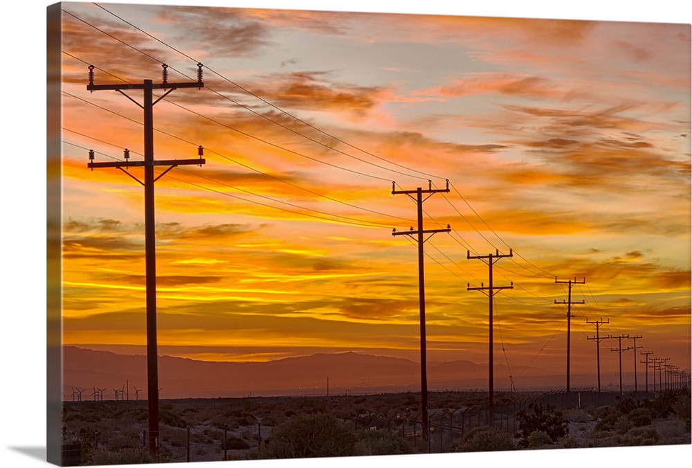 USA, California, Palm Springs, power line at sunrise