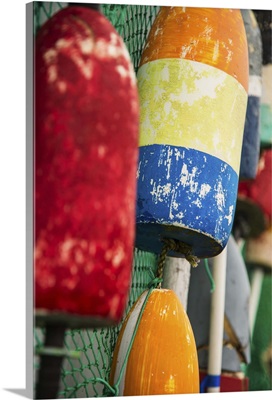 USA, Maine, Camden, Close-up of colorful lobster buoys
