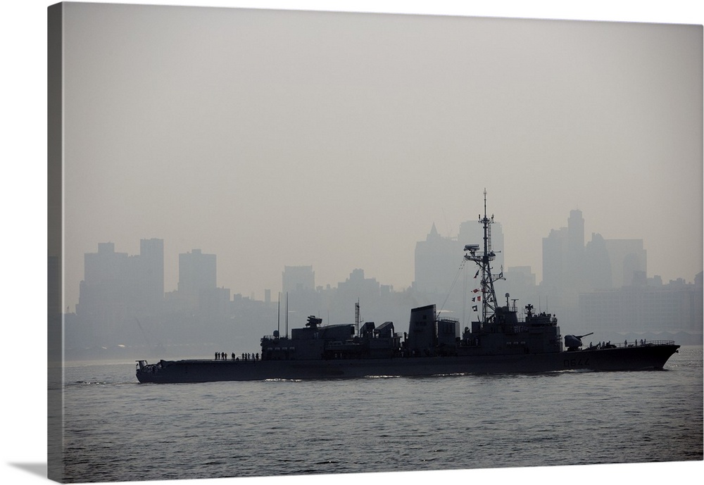 USA, New York City, silhouette of battle ship in Hudson River