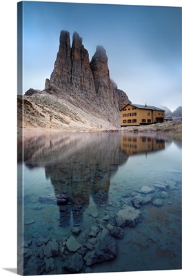 Vajolet towers in group of Catinaccio, with refuge Re Alberto, Dolomites, Italy.