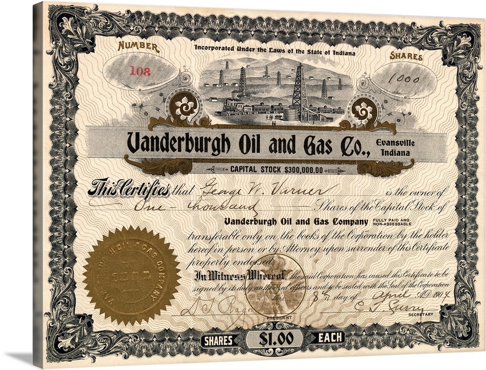 Stock certificate for 1000 Shares of the Vanderburgh Oil and Gas Company of Evansville, Indiana, sold to George N. Varner ...