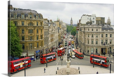 View down Whitehall of buses and Big Ben, London, England