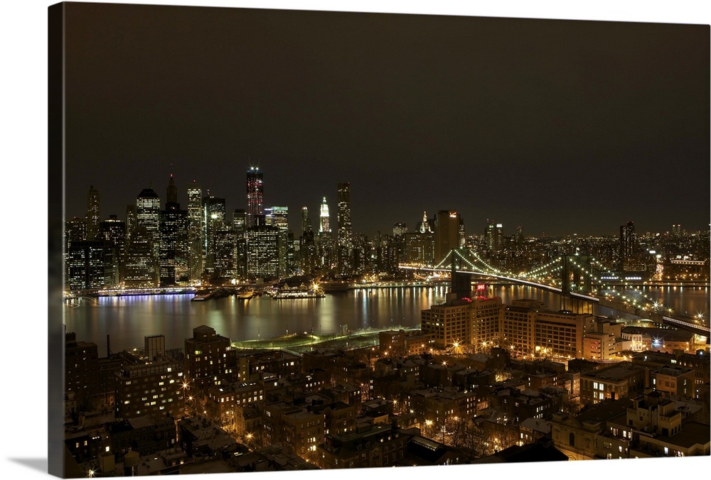 View of Manhattan Skyline with Brooklyn Bridge from Brooklyn Heights, New York.