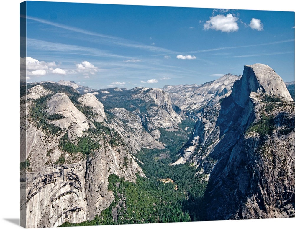 View from Glacier Point. North Dome left, Half Dome to the right hand side. Yosemite National Park, Sierra Nevada.
