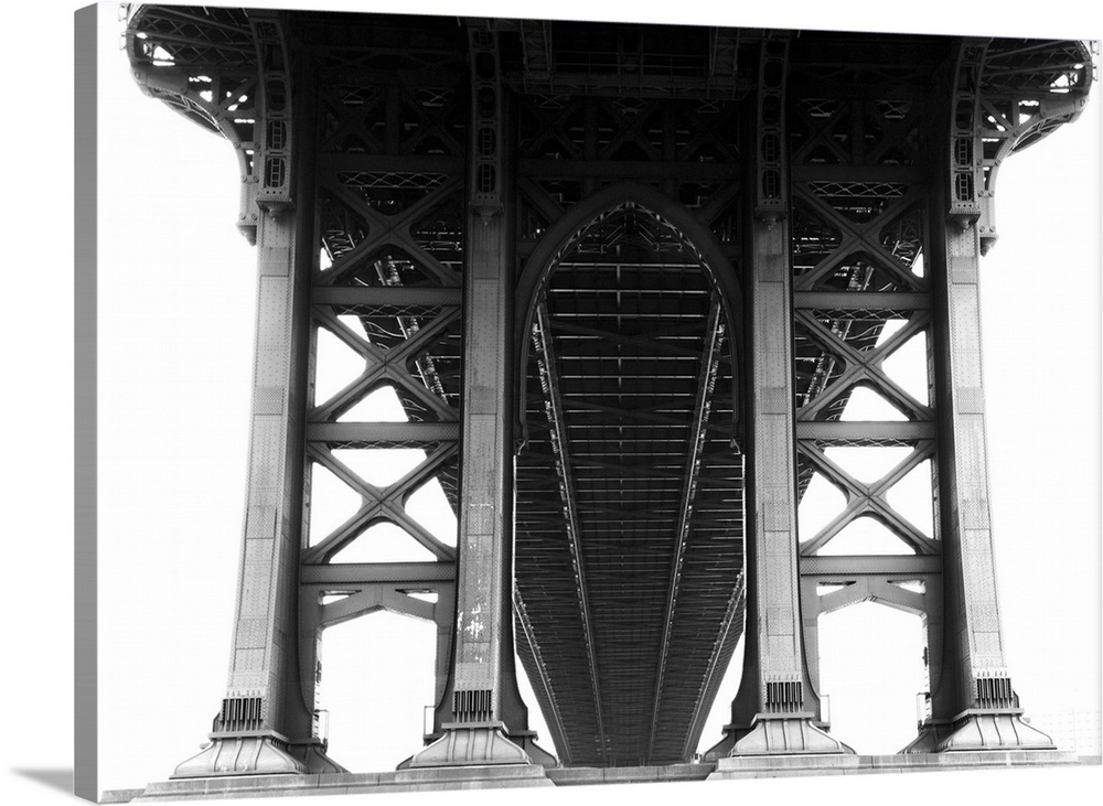 View from underneath Manhattan Bridge. Black and white image.