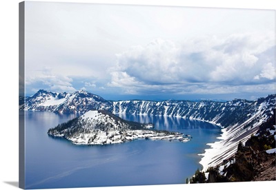 View of a snow covered island in Crater Lake, Oregon.