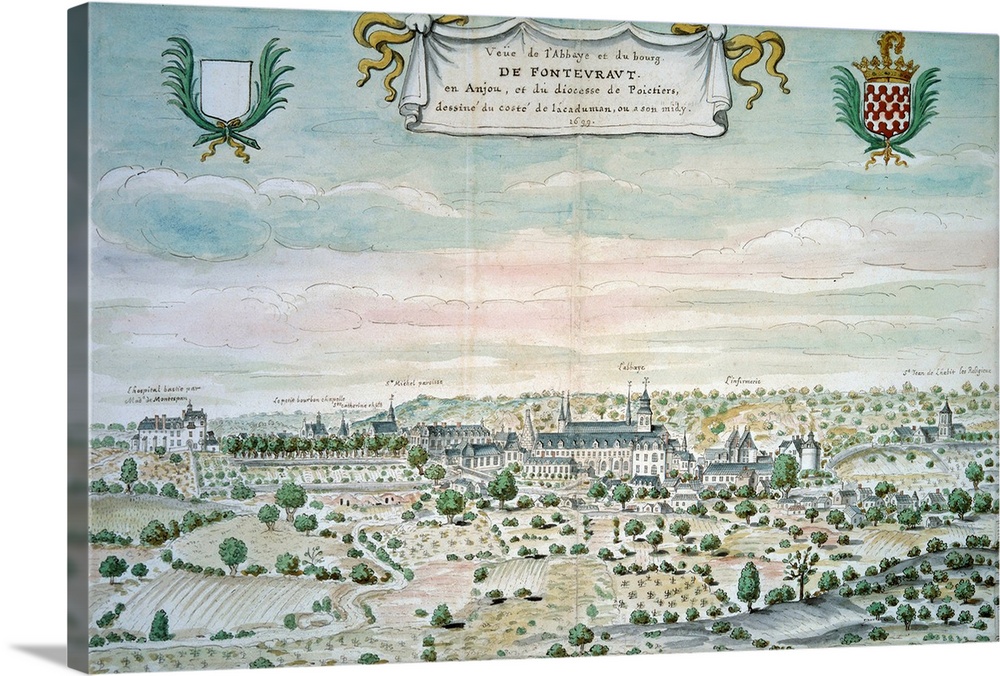 View of Fontevrault (Fontevraud) Abbey, Maine et Loire. Watercolour of the French School. 1699. B.N., Paris, France