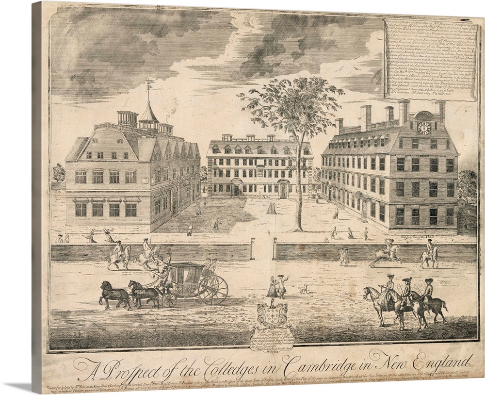 View of Harvard University before the American Revolution, entitled A prospect of the colledges in Cambridge in New Englan...