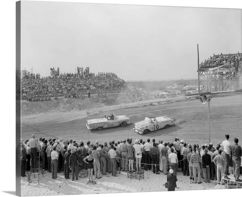 Close call and winner at stock car races. At left above is one of the thrills of the National Association of Stock Car Rac...