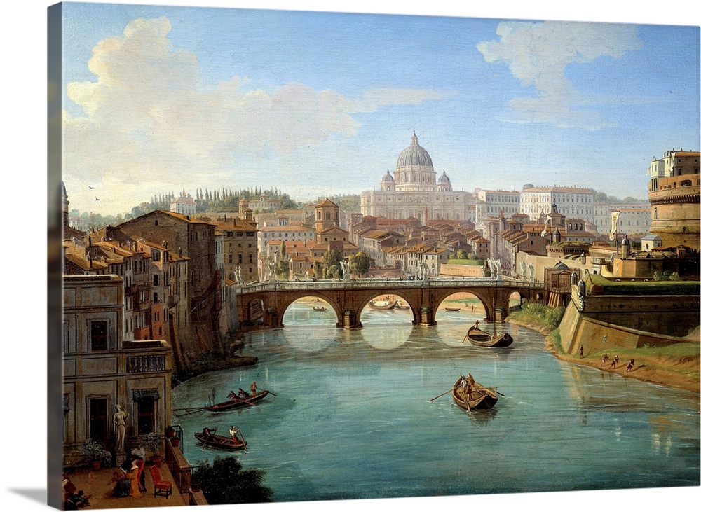 View of St. Peter's Basilica in Rome, detail from the painting View of the Castel Sant'Angelo (Saint-Angelo) in Rome Panor...